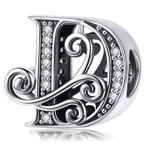 Solid 925 Sterling Silver Vintage Inspired Antique Alphabet Charm D