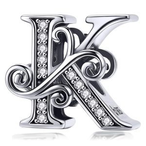 Solid 925 Sterling Silver Vintage Inspired Antique Alphabet Charm K