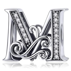 Solid 925 Sterling Silver Vintage Inspired Antique Alphabet Charm M