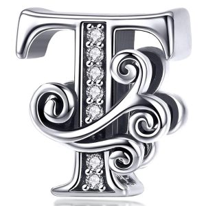 Solid 925 Sterling Silver Vintage Inspired Antique Alphabet Charm T