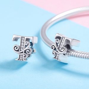 Solid 925 Sterling Silver Vintage Inspired Antique Alphabet Charm T