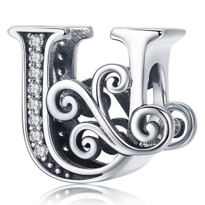 Solid 925 Sterling Silver Vintage Inspired Antique Alphabet Charm U