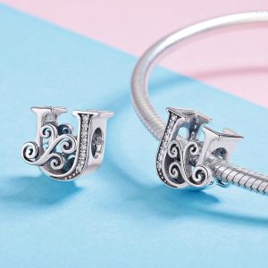 Solid 925 Sterling Silver Vintage Inspired Antique Alphabet Charm U