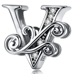 Solid 925 Sterling Silver Vintage Inspired Antique Alphabet Charm V