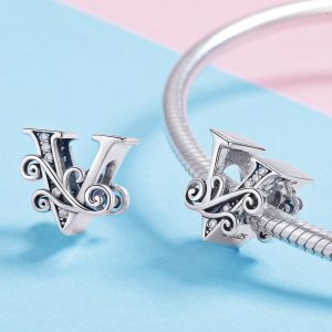 Solid 925 Sterling Silver Vintage Inspired Antique Alphabet Charm V