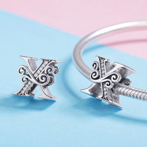Solid 925 Sterling Silver Vintage Inspired Antique Alphabet Charm X