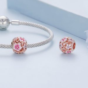Solid 925 Signature Silver Blossom Filigree Charm In Rose Gold