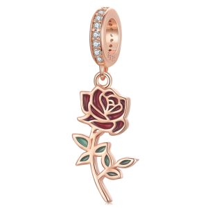 Solid 925 Signature Silver Blooming Rose Charm In Rose Gold