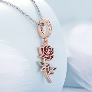 Solid 925 Signature Silver Blooming Rose Charm In Rose Gold