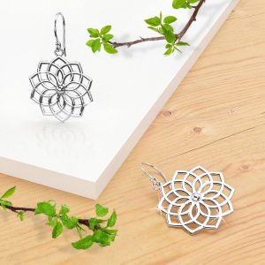 Solid 925 Sterling Silver Mandala Lotus Dangle Earrings