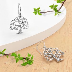 Solid 925 Sterling Silver Heart Shaped Tree Leaves Dangle Earrings