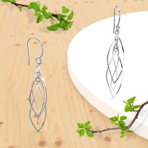 Solid 925 Sterling Silver Twisted Open Leaves Dangle Earrings