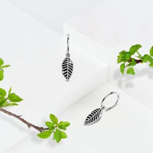 Solid 925 Sterling Silver Antique Leaf Hoop Earrings
