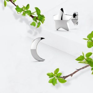 Solid 925 Sterling Silver Crescent Moon and Star Stud Earrings