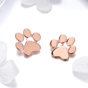 Solid 925 Sterling Silver Animal Paw Print Rose Gold Stud Earrings