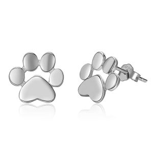Solid 925 Sterling Silver Animal Paw Print White Gold Stud Earrings