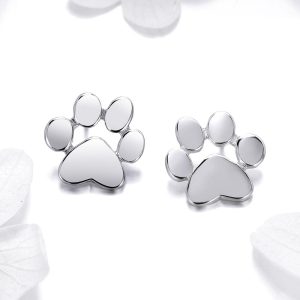 Solid 925 Sterling Silver Animal Paw Print White Gold Stud Earrings