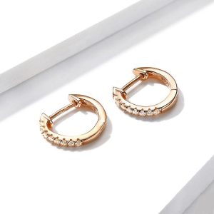 Solid 925 Sterling Silver Sparkling Zircon Rose Gold Hoop Huggie Earrings