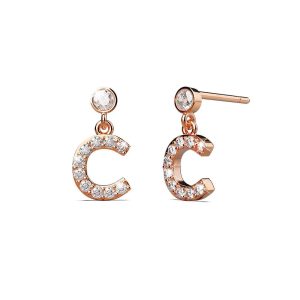 Solid 925 Sterling Silver Initial Crystal Personalised Alphabet Letter Earrings Rose Gold - C