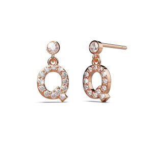 Solid 925 Sterling Silver Initial Crystal Personalised Alphabet Letter Earrings Rose Gold - Q