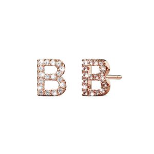 Solid 925 Sterling Silver Glamour Alphabet Letter Earrings Rose Gold - B