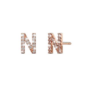 Solid 925 Sterling Silver Glamour Alphabet Letter Earrings Rose Gold - N