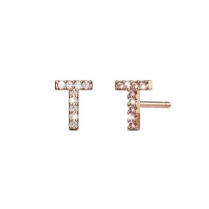Solid 925 Sterling Silver Glamour Alphabet Letter Earrings Rose Gold - T