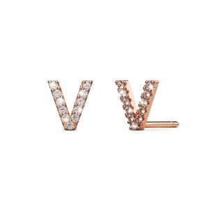 Solid 925 Sterling Silver Glamour Alphabet Letter Earrings Rose Gold - V