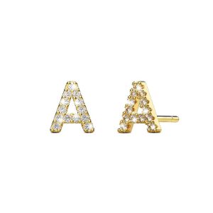 Solid 925 Sterling Silver Glamour Alphabet Letter Earrings Gold - A