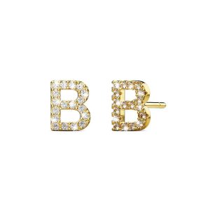 Solid 925 Sterling Silver Glamour Alphabet Letter Earrings Gold - B