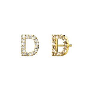 Solid 925 Sterling Silver Glamour Alphabet Letter Earrings Gold - D