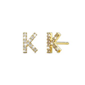 Solid 925 Sterling Silver Glamour Alphabet Letter Earrings Gold - K