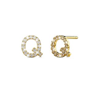 Solid 925 Sterling Silver Glamour Alphabet Letter Earrings Gold - Q