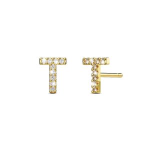 Solid 925 Sterling Silver Glamour Alphabet Letter Earrings Gold - T