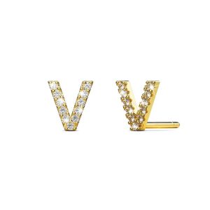 Solid 925 Sterling Silver Glamour Alphabet Letter Earrings Gold - V