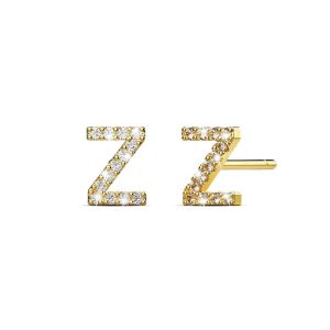 Solid 925 Sterling Silver Glamour Alphabet Letter Earrings Gold - Z