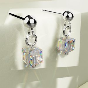 Solid 925 Sterling Silver Iridescent Cube Drop Earrings Embellished with Crystals from Swarovski®
