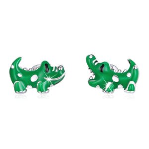Solid 925 Sterling Silver Asymmetrical Green Crocodile Reptile Earrings