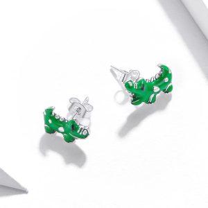 Solid 925 Sterling Silver Asymmetrical Green Crocodile Reptile Earrings