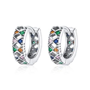 Solid 925 Sterling Silver Multicolor Diamond Cut Out Huggie Earrings