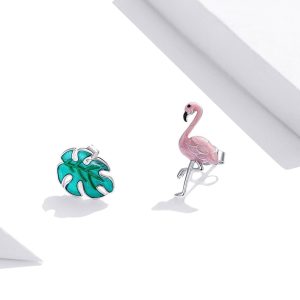 Solid 925 Sterling Silver Asymmetrical Pink Flamingo and Monstera Leaf Earrings