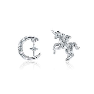 Solid 925 Sterling Silver Pure Crescent and Unicorn Stud Earrings