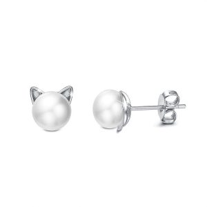 Solid 925 Sterling Silver Kitty Pearl Stud Earrings