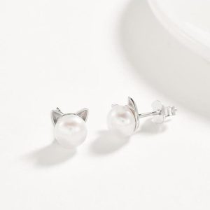Solid 925 Sterling Silver Kitty Pearl Stud Earrings