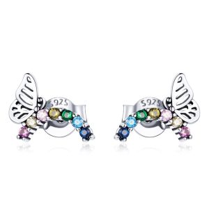 Solid 925 Sterling Silver Multicoloured Butterfly Stud Earrings