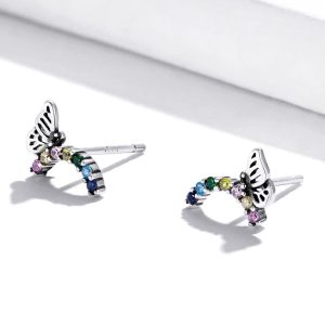 Solid 925 Sterling Silver Multicoloured Butterfly Stud Earrings