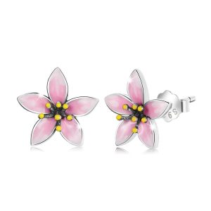 Solid 925 Sterling Silver Pink Floral Stud Earrings