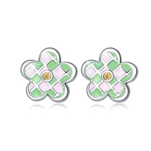 Solid 925 Sterling Silver Checked Green Flower Studs