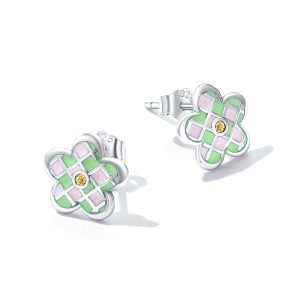 Solid 925 Sterling Silver Checked Green Flower Studs