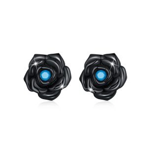 Solid 925 Sterling Silver Beaded Black Rose Stud Earrings